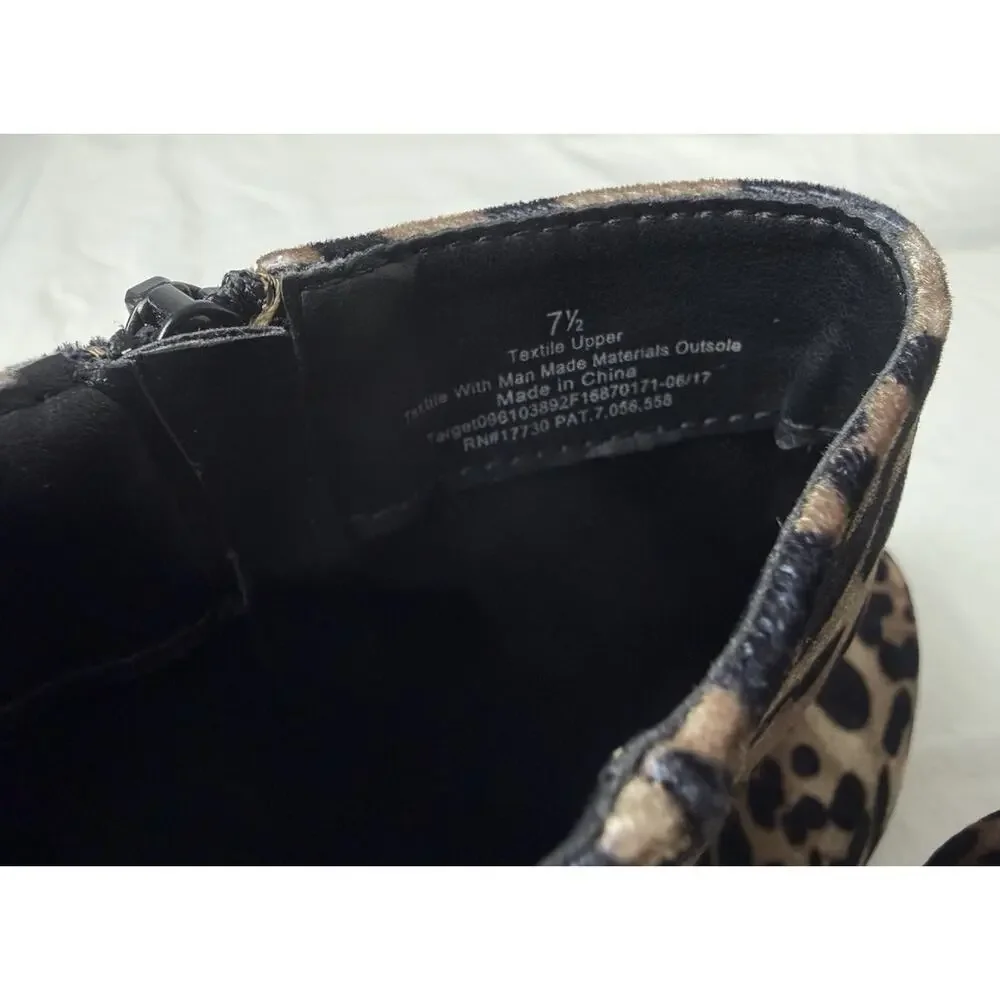 A New Day Leopard Print Ankle Booties Women's 7.5 Velvet Side Zip 2.25